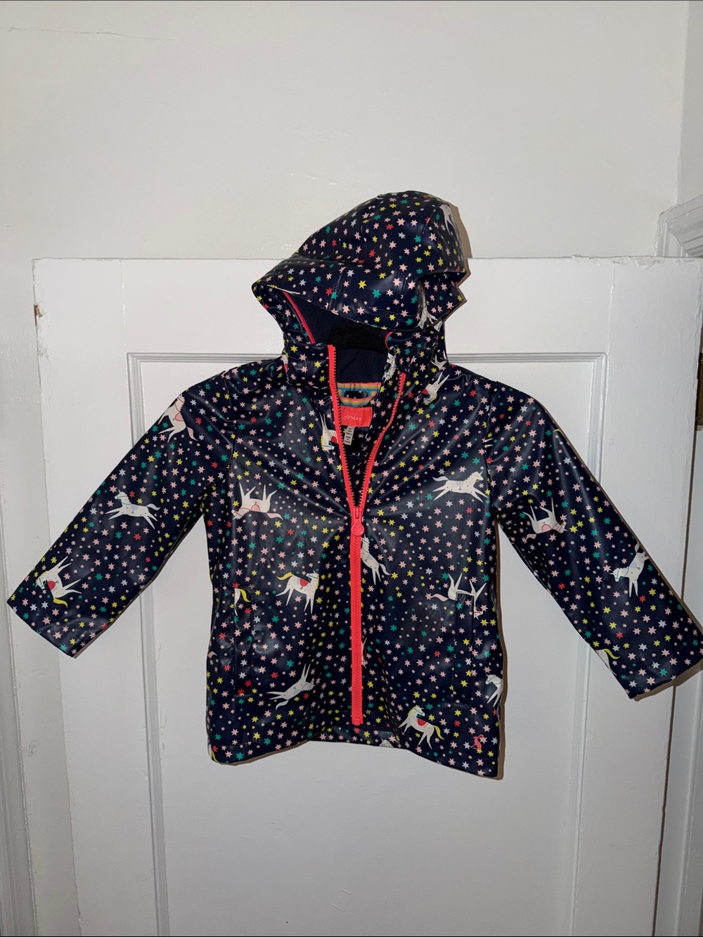 Joules Girls 4Y Navy Unicorn & Star Hooded Rubberized Raincoat w/ fleece lining